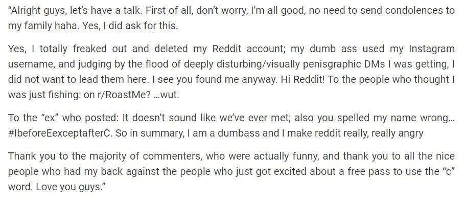 Instagram Influencer Requests Roasting from Reddit Users, One Comment Crosses the Line