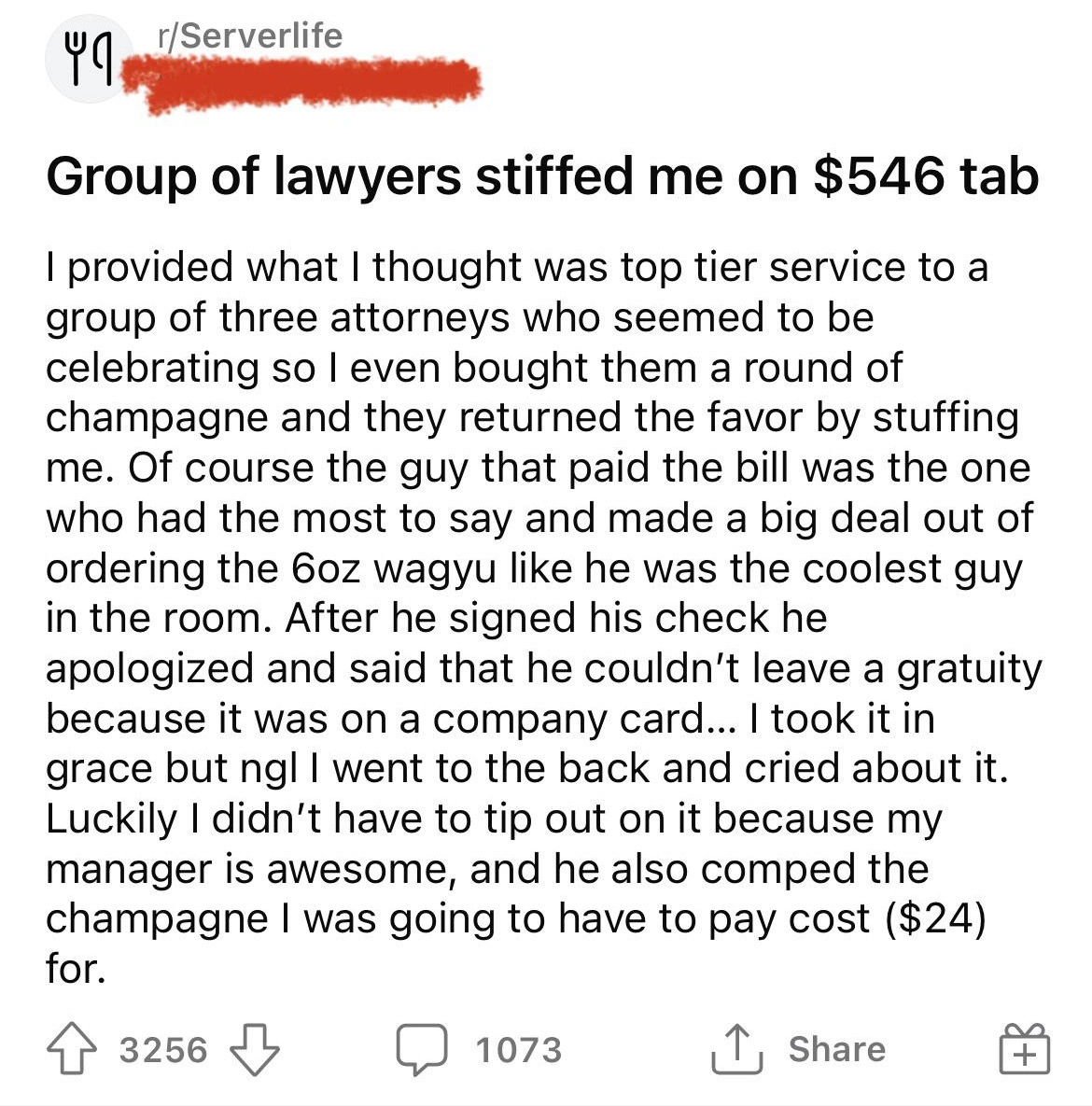 Law Firm Fires Waiter for Complaining About Large Group's Lack of Tip