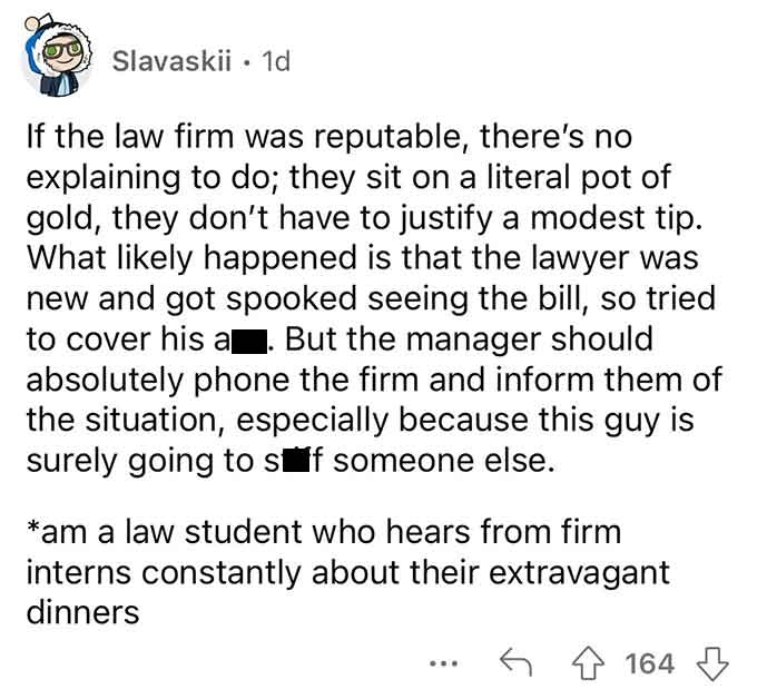 Law Firm Fires Waiter for Complaining About Large Group's Lack of Tip